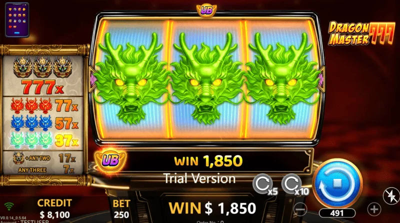 Dragon Master 777 - three green dragons on the line