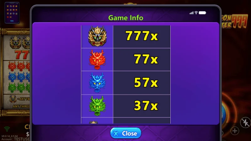 Dragon Master 777 - paytable with dragons